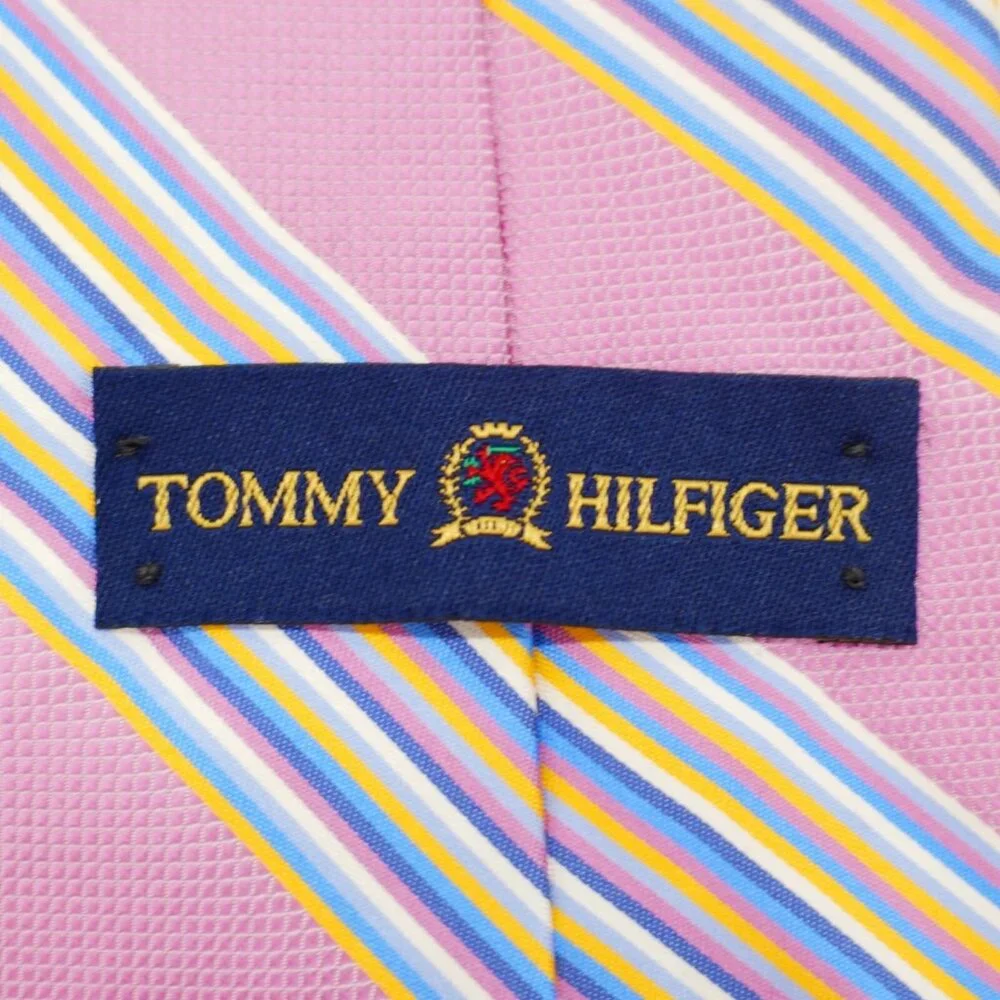 Tommy Hilfiger Pink Yellow Blue Striped Woven‎ Wide Silk Tie